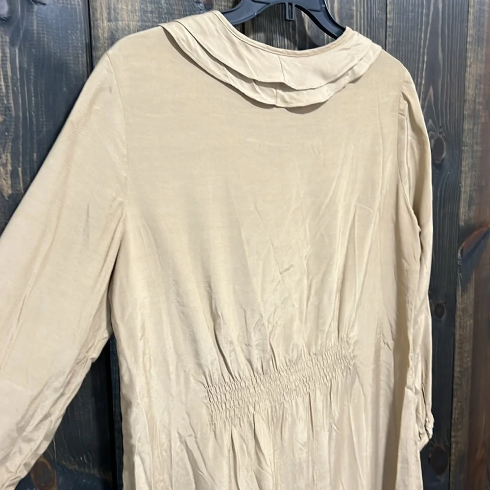 Zara Woman Khaki‎ Ruffle Mini Dress M Cinch Waist Neutral Minimalist Goblincore